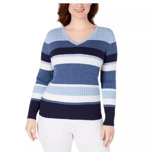 Karen Scott Sweater Top Blue Striped Cotton Cable Knit Plus Size XXL Long Sleeve